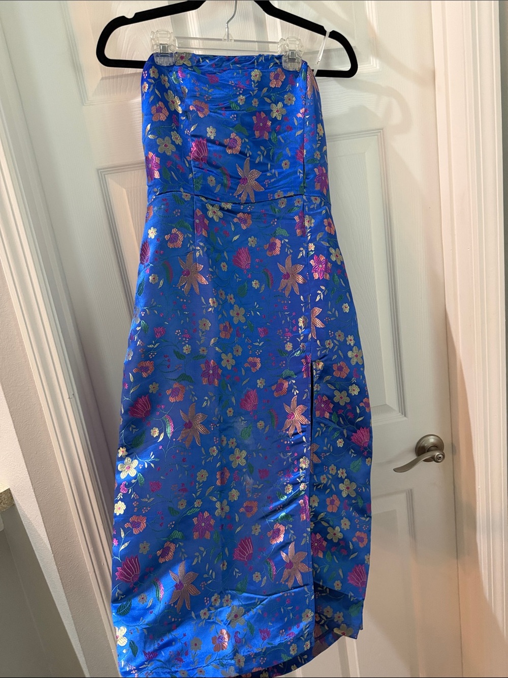 NWT Lulu's Strapless Floral Maxi Dress in Bright Blue with Pink & Gold Accents